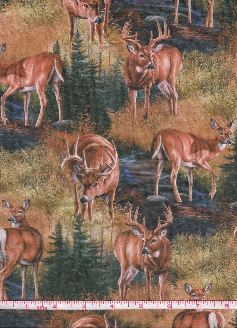Deer Fabric 1/2 Yard, Stoney Brook Wild Wings 14020, Deer in Water Forest Quilt Wall Hanging Bed Table Runner Placemat Buck Doe