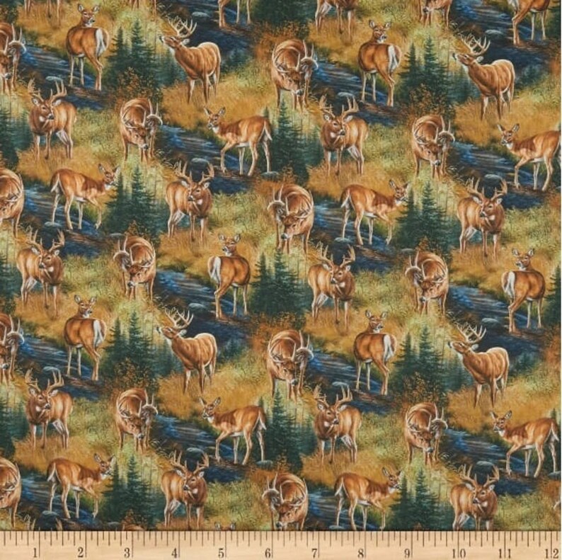 Deer Fabric 1/2 Yard, Stoney Brook Wild Wings 14020, Deer in Water Forest Quilt Wall Hanging Bed Table Runner Placemat Buck Doe