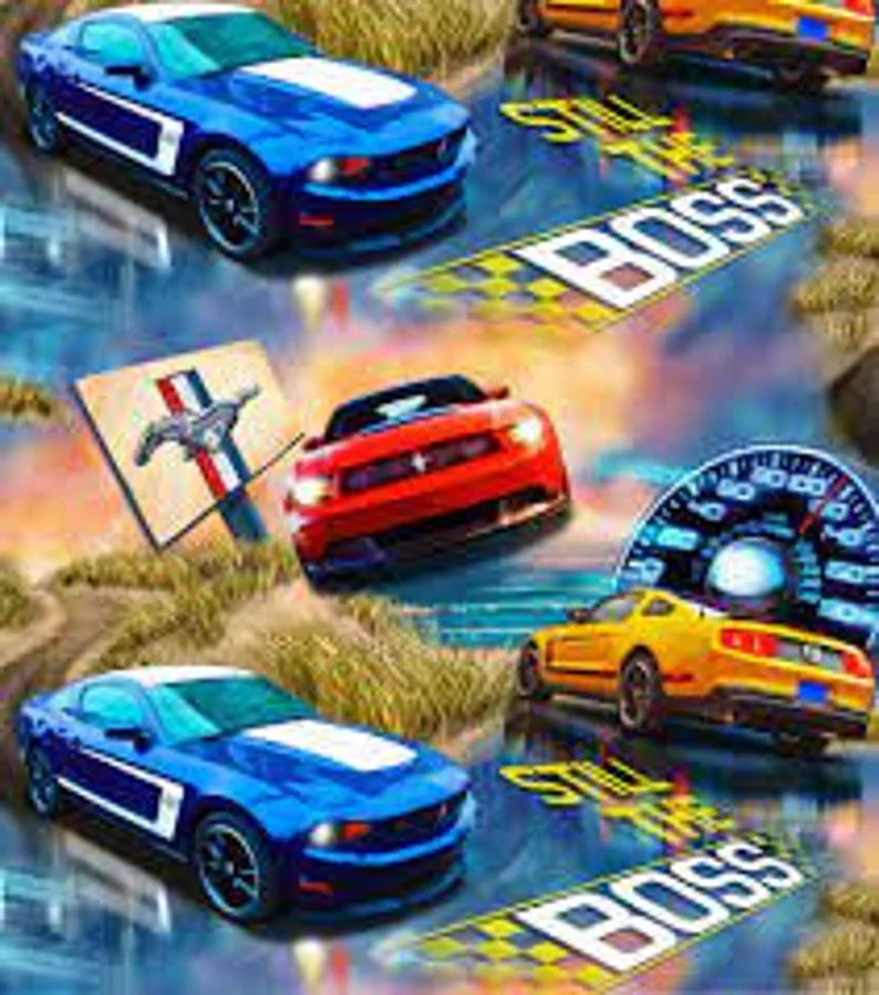 Ford Boss Mustang Fabric Sold by the Half Yard, Ford Boss Mustang Quilt Gift Bed Quilt Wall Hanging Placemats, Sykel Fabric