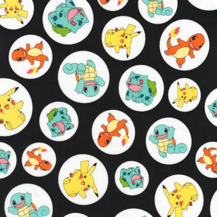 Pokémon Fabric Sold by Half Yard, AOP177212 Black Pokémon in Circles, Fabric by Robert Kaufman, Pokémon Gift Bed Quilt Wall Hanging
