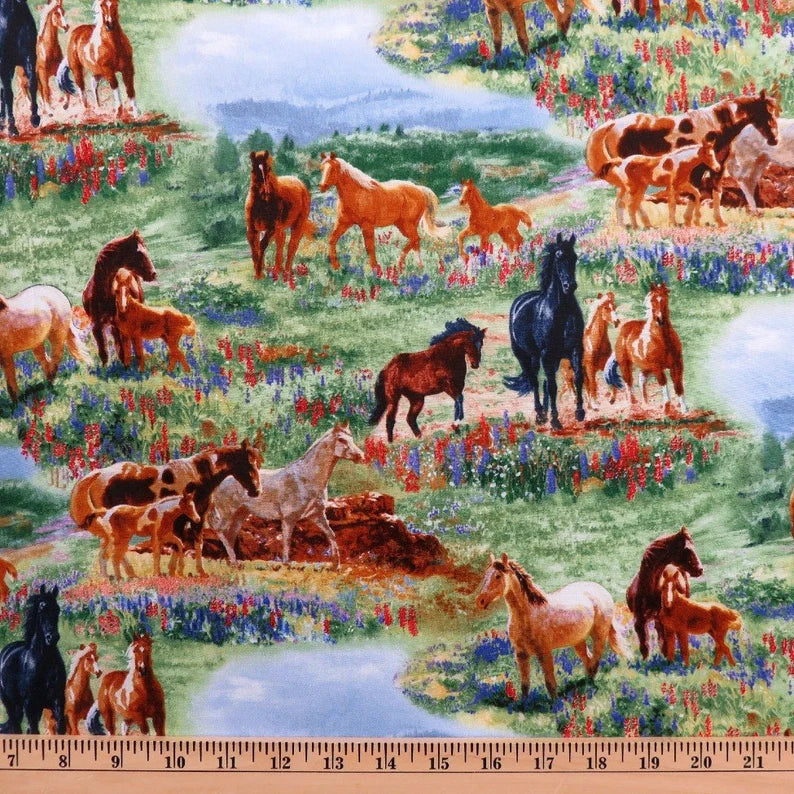 Horse Fabric 1/2 Yard, 8702 Wildflower Trails by Elizabeth's Studio, Horse Lovers Gift Bed Quilt Wall Hanging