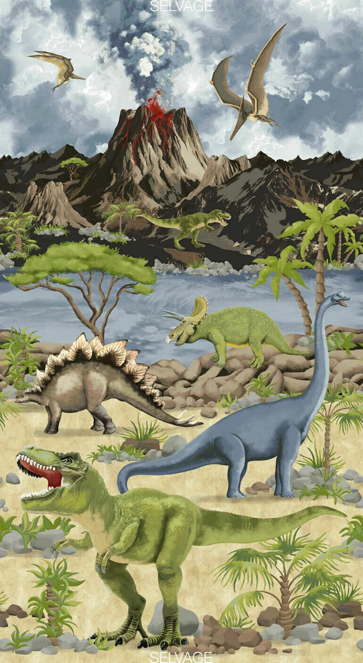 Dinosaur Fabric Panel 23" x44", Dinosaur Gathering, Dinosaur Cotton Fabric by Timeless Treasures, Dinosaur Gift Bed Quilt Wall Hanging