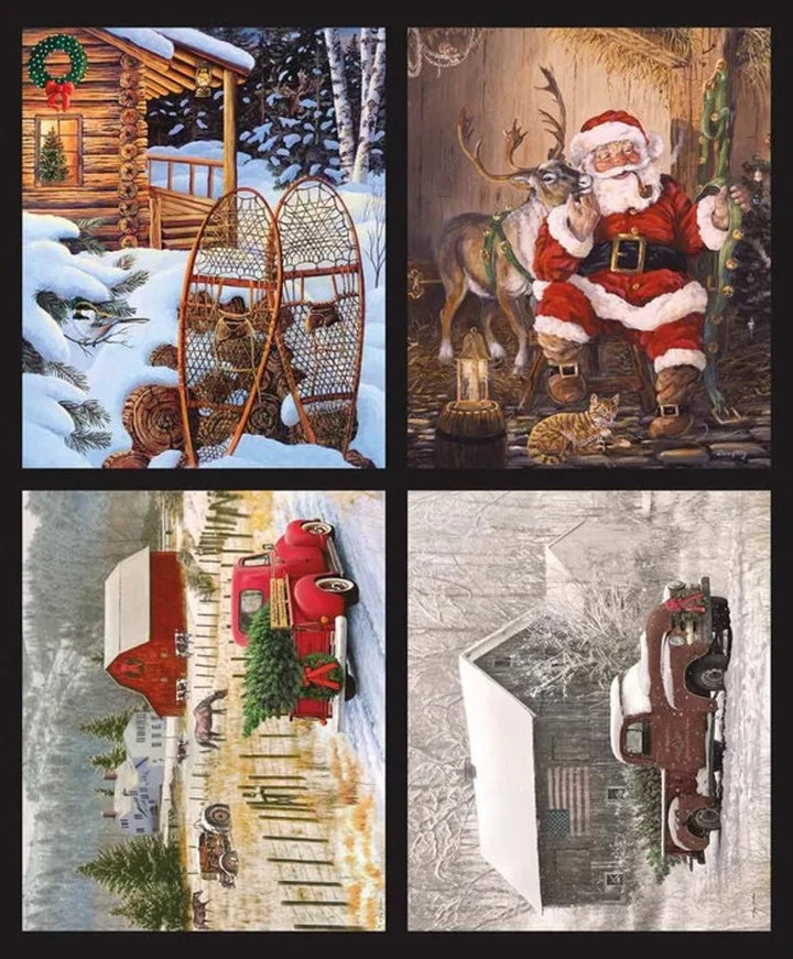 Christmas Pillow Panel 36"x43", P8594 Christmas Memories by Riley Blake, Winter Snowshoes Santa Reindeer Red Truck Christmas Tree Quilt