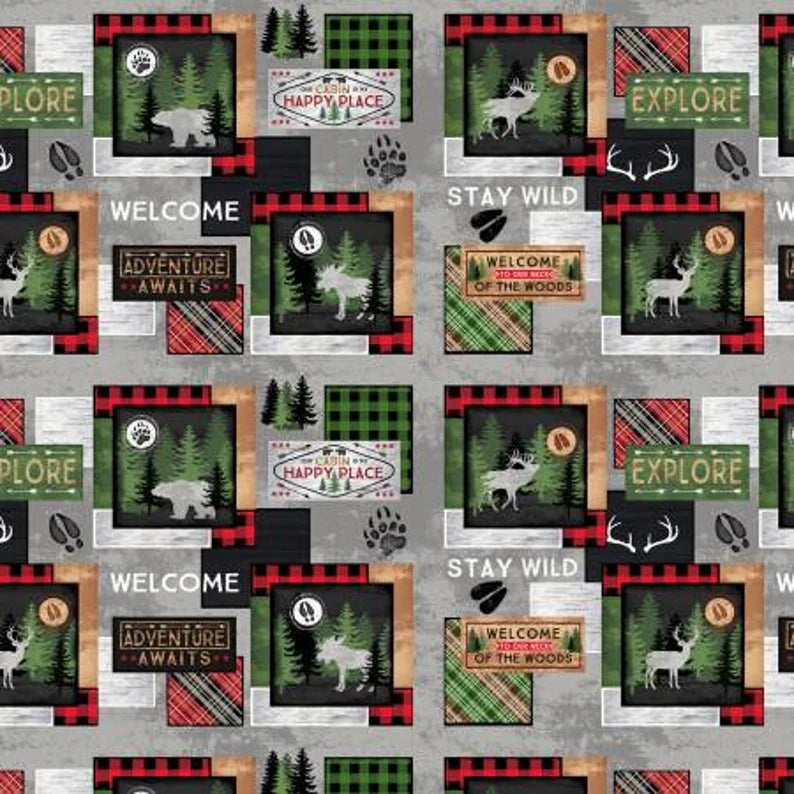 Quilt Kit 62"x86", Cabin Welcome FLANNEL by Wilmington, Red Colorway, Gray Animals Buffalo Plaid, Gift Flannel Bed Quilt