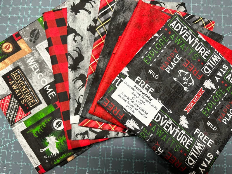 Quilt Kit 62"x86", Cabin Welcome FLANNEL by Wilmington, Red Colorway, Gray Animals Buffalo Plaid, Gift Flannel Bed Quilt