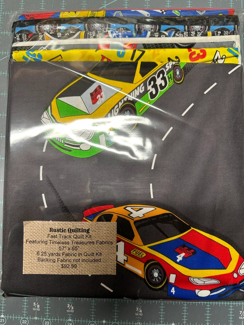 Quilt Kit 57"x65", Fast Track by Henry Glass, Raceway Gift Bed Quilt Crib Toddler Racecars Speedometer Tools Roadway