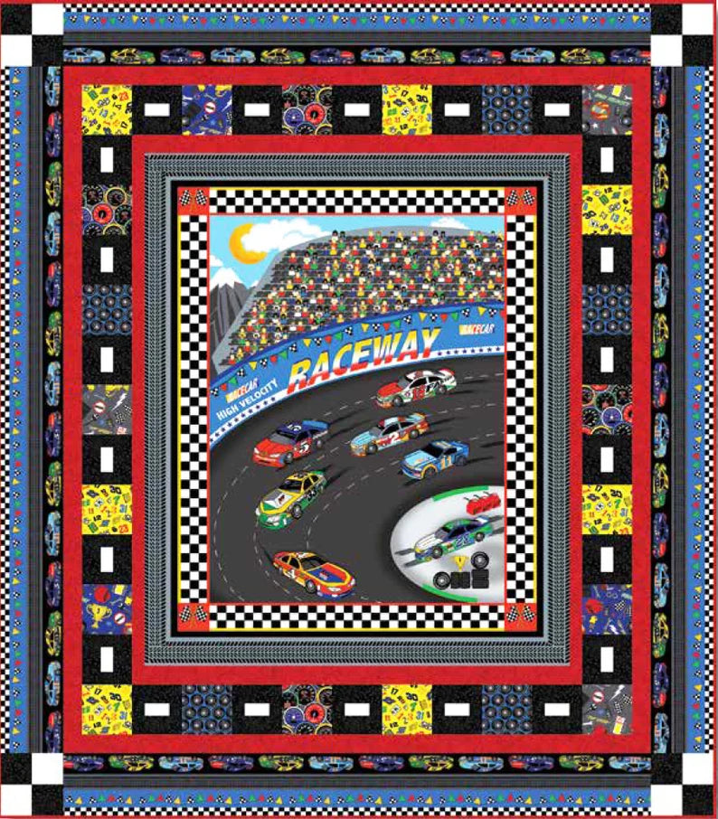 Quilt Kit 57"x65", Fast Track by Henry Glass, Raceway Gift Bed Quilt Crib Toddler Racecars Speedometer Tools Roadway
