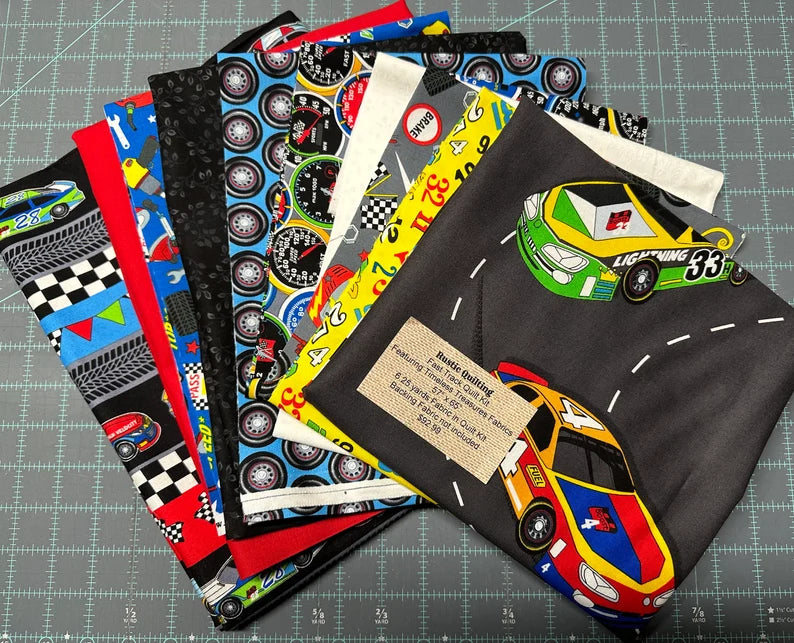 Quilt Kit 57"x65", Fast Track by Henry Glass, Raceway Gift Bed Quilt Crib Toddler Racecars Speedometer Tools Roadway