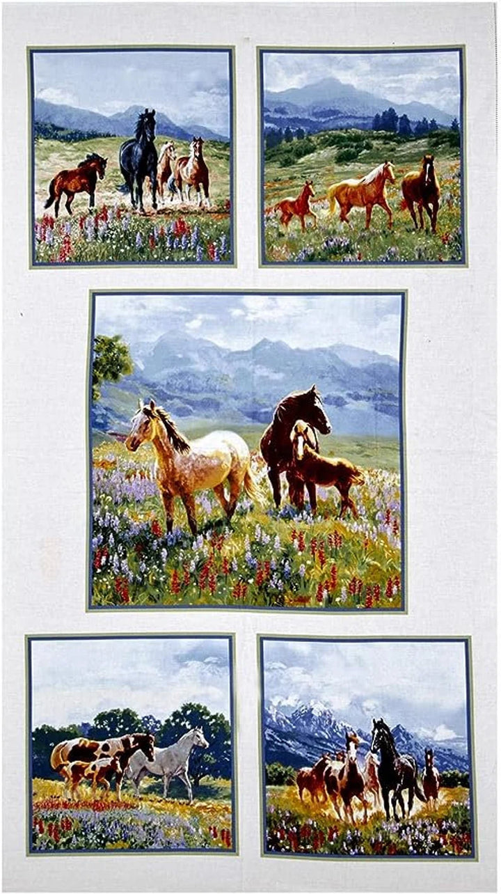 Horse Fabric Panel 23"x43", Wildflower Trails by Elizabeth's Studio, Horse Lovers Gift Bed Quilt Wall Hanging