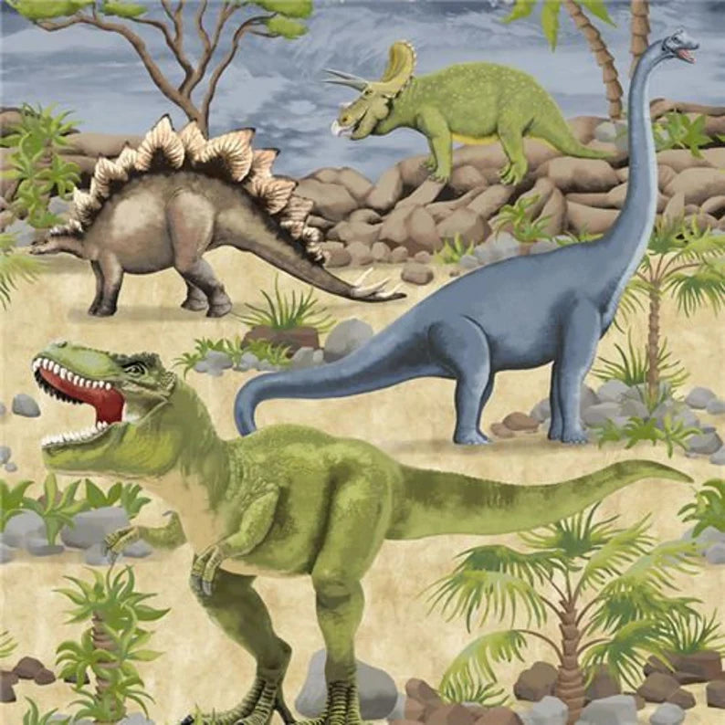 Dinosaur Fabric Panel 23" x44", Dinosaur Gathering, Dinosaur Cotton Fabric by Timeless Treasures, Dinosaur Gift Bed Quilt Wall Hanging