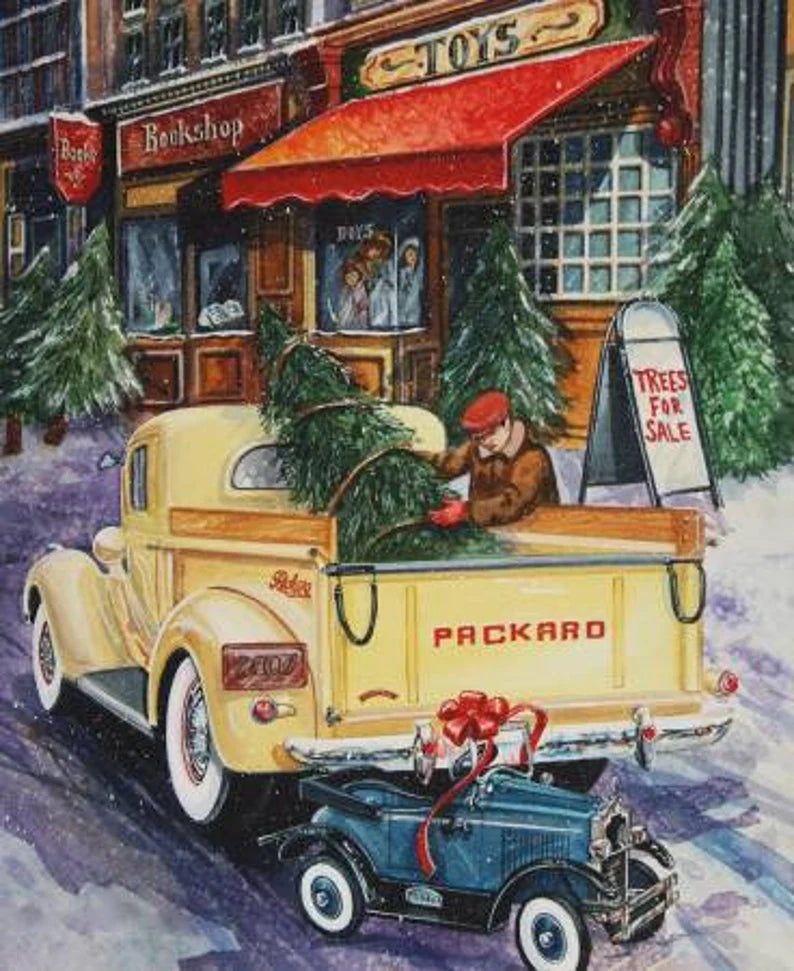 Old Truck Christmas Fabric Panel 36"x43", PD13673R A Nostalgic Christmas Riley Blake, Christmas Packard Truck Toy Yellow Bed Gift Quilt