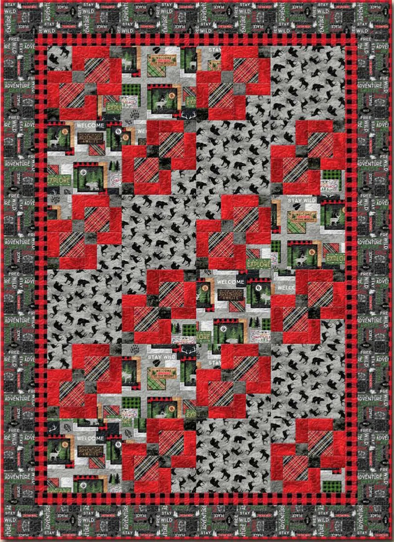 Quilt Kit 62"x86", Cabin Welcome FLANNEL by Wilmington, Red Colorway, Gray Animals Buffalo Plaid, Gift Flannel Bed Quilt
