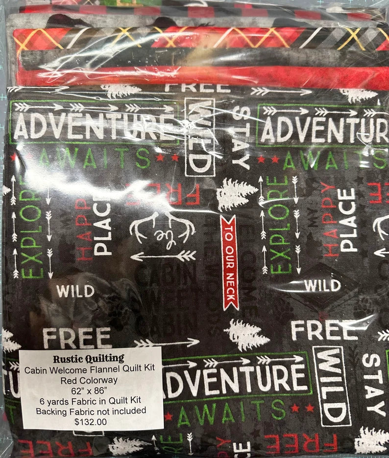 Quilt Kit 62"x86", Cabin Welcome FLANNEL by Wilmington, Red Colorway, Gray Animals Buffalo Plaid, Gift Flannel Bed Quilt