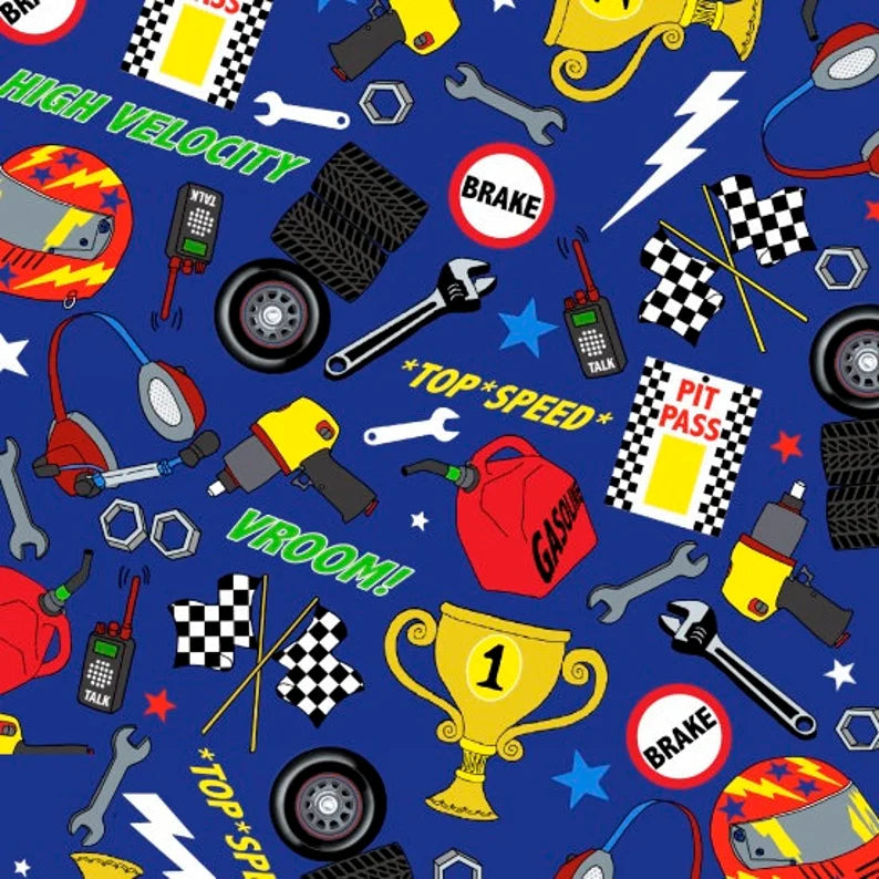 Quilt Kit 57"x65", Fast Track by Henry Glass, Raceway Gift Bed Quilt Crib Toddler Racecars Speedometer Tools Roadway