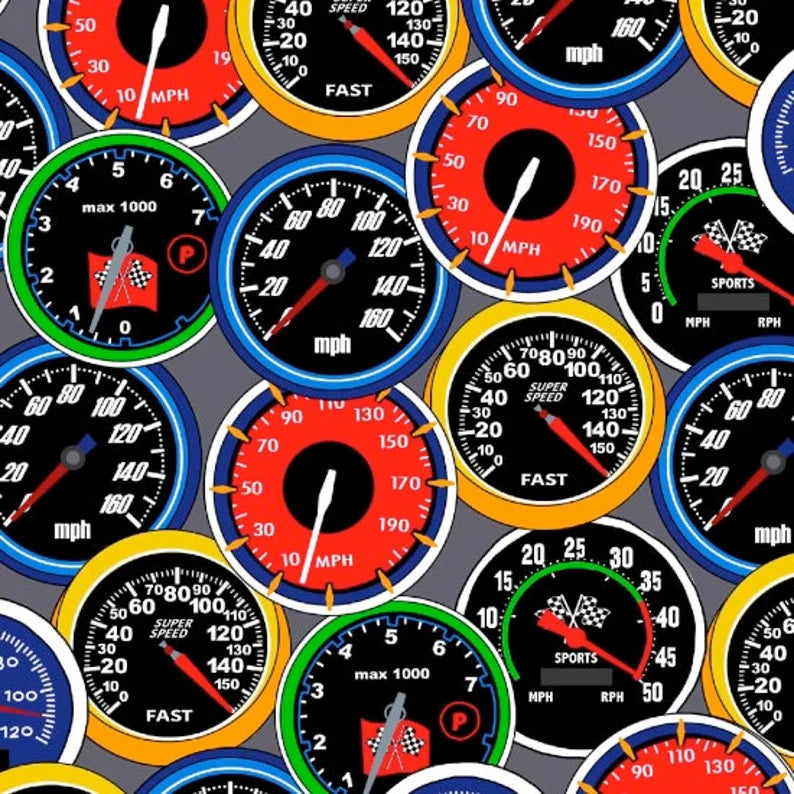 Quilt Kit 57"x65", Fast Track by Henry Glass, Raceway Gift Bed Quilt Crib Toddler Racecars Speedometer Tools Roadway