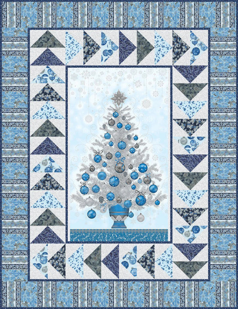 Quilt Kit Christmas Tree Silver/Blue Metallic 53"x69" , Holiday Flourish by Robert Kaufman, Christmas Gift Bed Quilt Wall Hanging