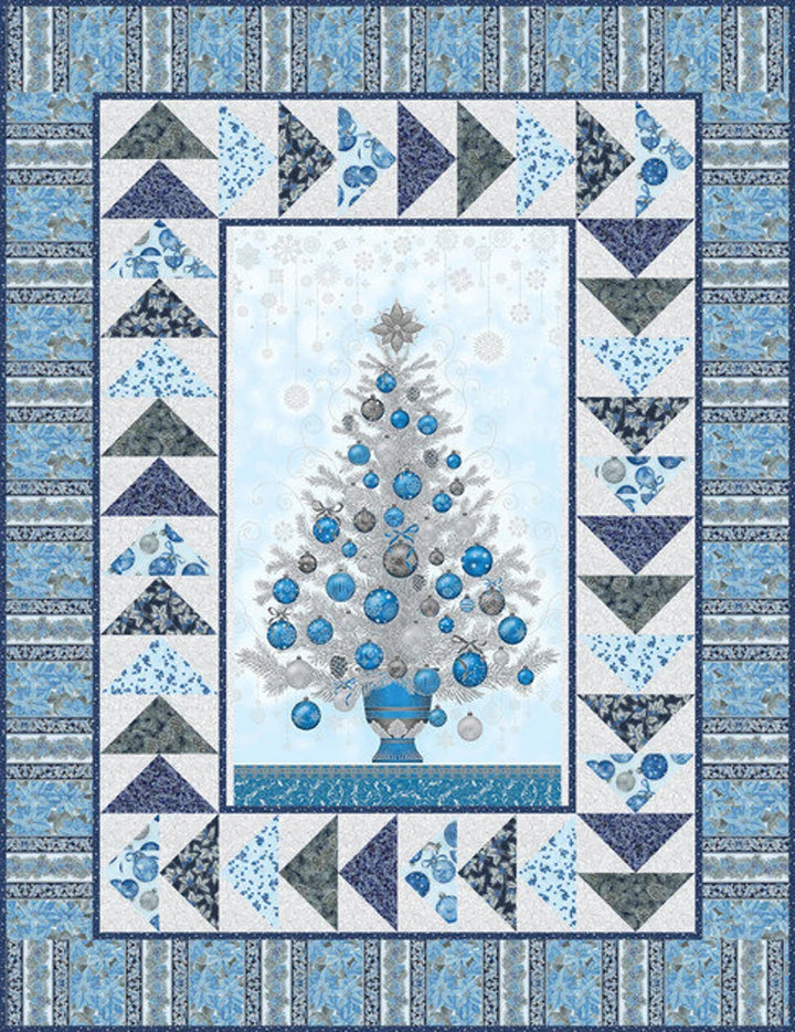 Quilt Kit Christmas Tree Silver/Blue Metallic 53"x69" , Holiday Flourish by Robert Kaufman, Christmas Gift Bed Quilt Wall Hanging