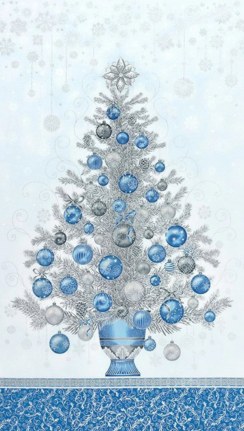 Quilt Kit Christmas Tree Silver/Blue Metallic 53"x69" , Holiday Flourish by Robert Kaufman, Christmas Gift Bed Quilt Wall Hanging