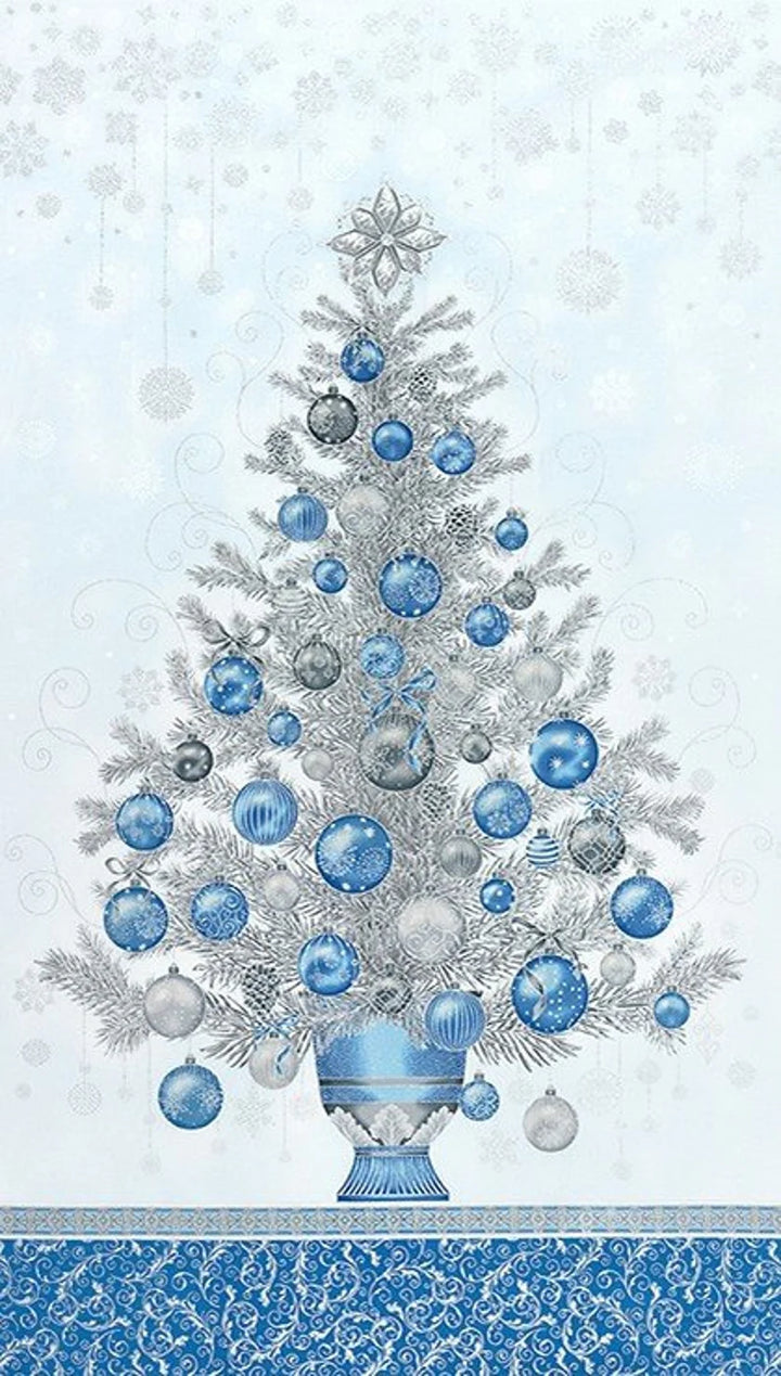 Quilt Kit Christmas Tree Silver/Blue Metallic 53"x69" , Holiday Flourish by Robert Kaufman, Christmas Gift Bed Quilt Wall Hanging