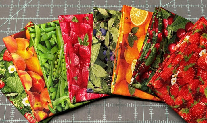 Food Fabric, Sold by Fat Quarters Pack or Individually, Elizabeth Studios Food Fabric, Fruit Quilt