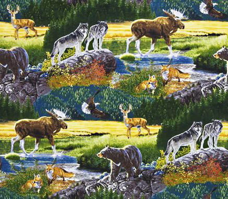 Nature Fabric 1/2 Yard, Bringing Nature Home 15209 Robert Kaufman, Wildlife Quilt Bald Eagle Bear Whitetail Deer Wolves Moose Fox Forest