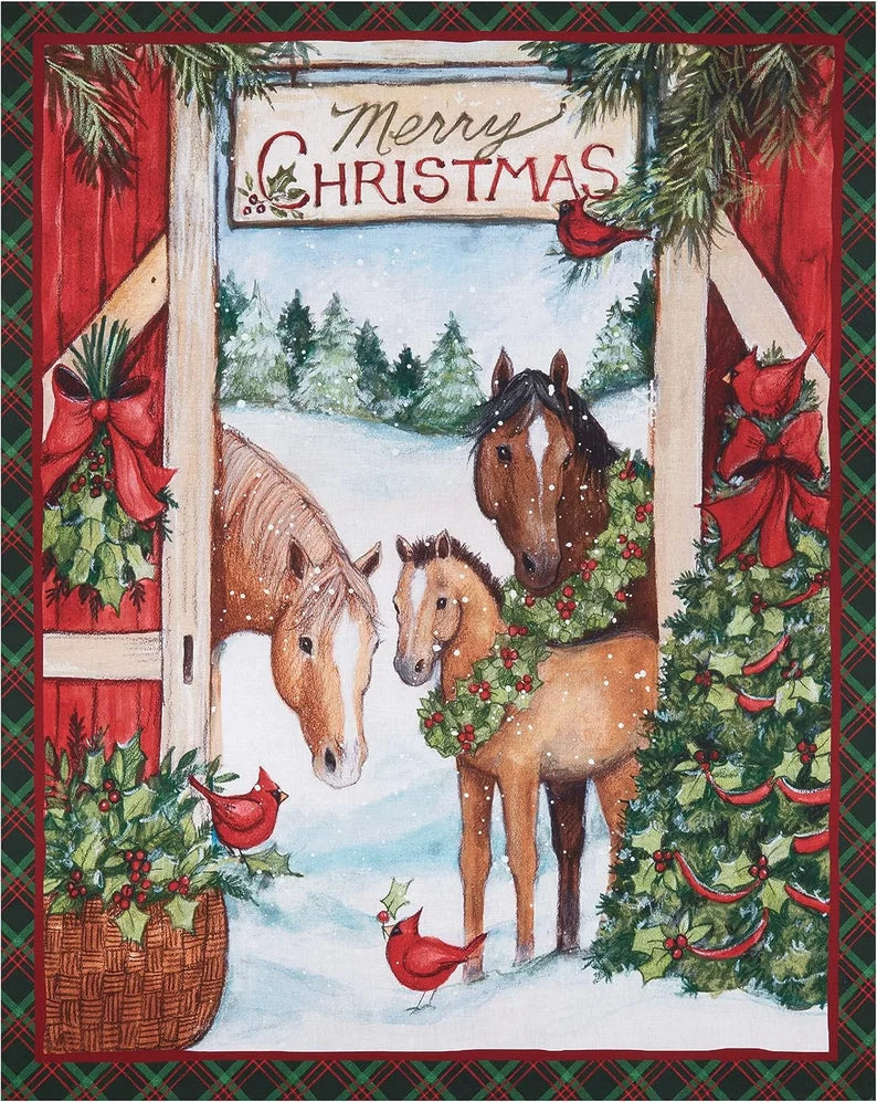Christmas Three Horses Fabric Panel 36"x43", 21342 Springs fabric, Horse Christmas Gift Quilt Wall Hanging Home Decor