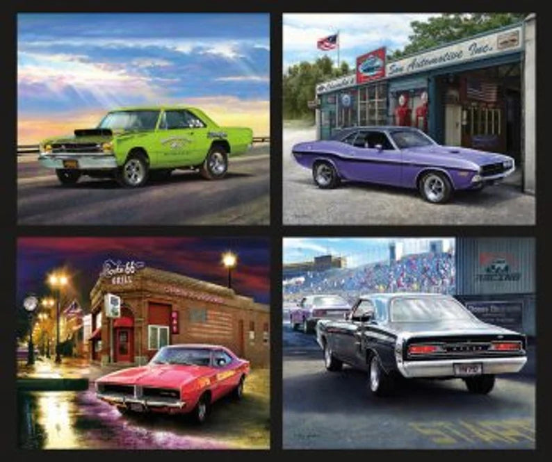Dodge Muscle Car Pillow Fabric Panel 43"x36", RARE Dodge Car Fabric by Riley Blake