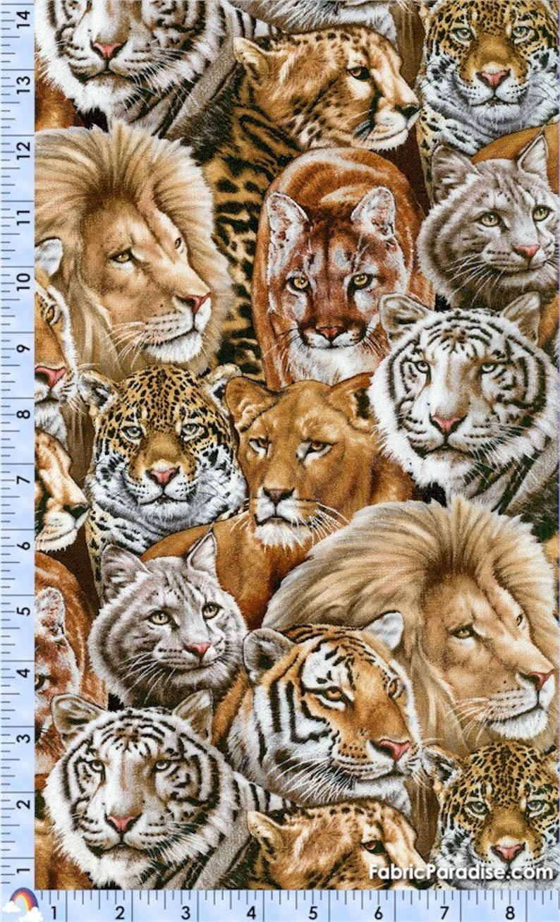 Big Cats 1/2 yard, 7603-Black by Elizabeth Studios, Tigers Lions Leopard Jaguar Bed Quilt Wall Hanging