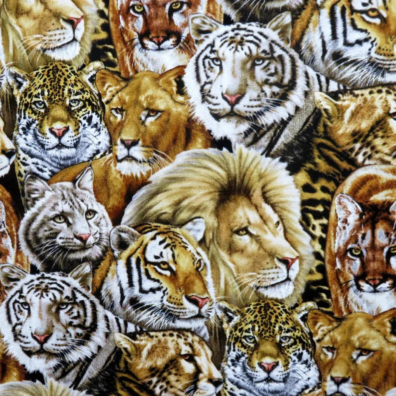 Big Cats 1/2 yard, 7603-Black by Elizabeth Studios, Tigers Lions Leopard Jaguar Bed Quilt Wall Hanging