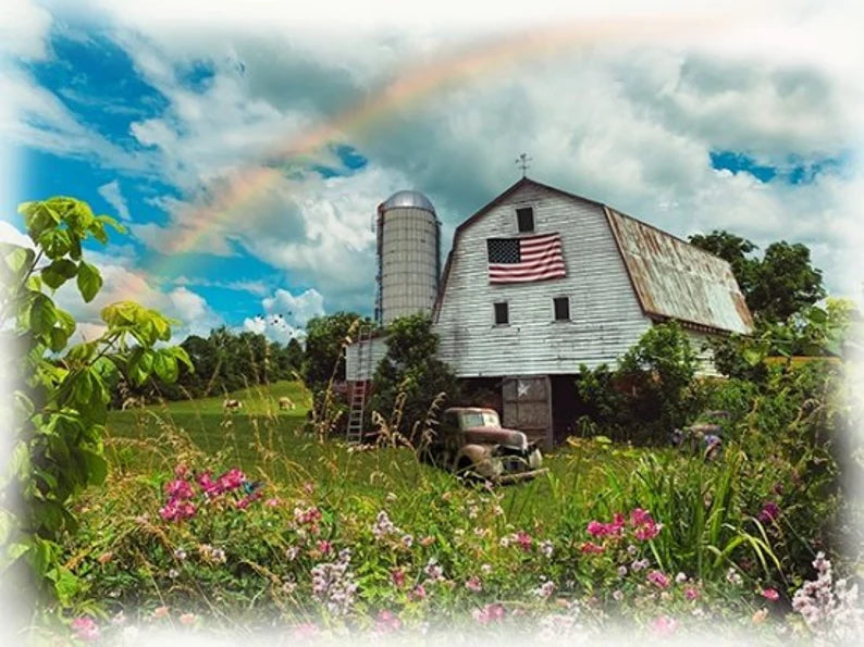 Barn in Spring Flag Rainbow Fabric Panel 42"x33", 5277-145 Spring by Hoffman Fabrics, Spring Wildflowers Barn Farm Yard Red Truck Quilt