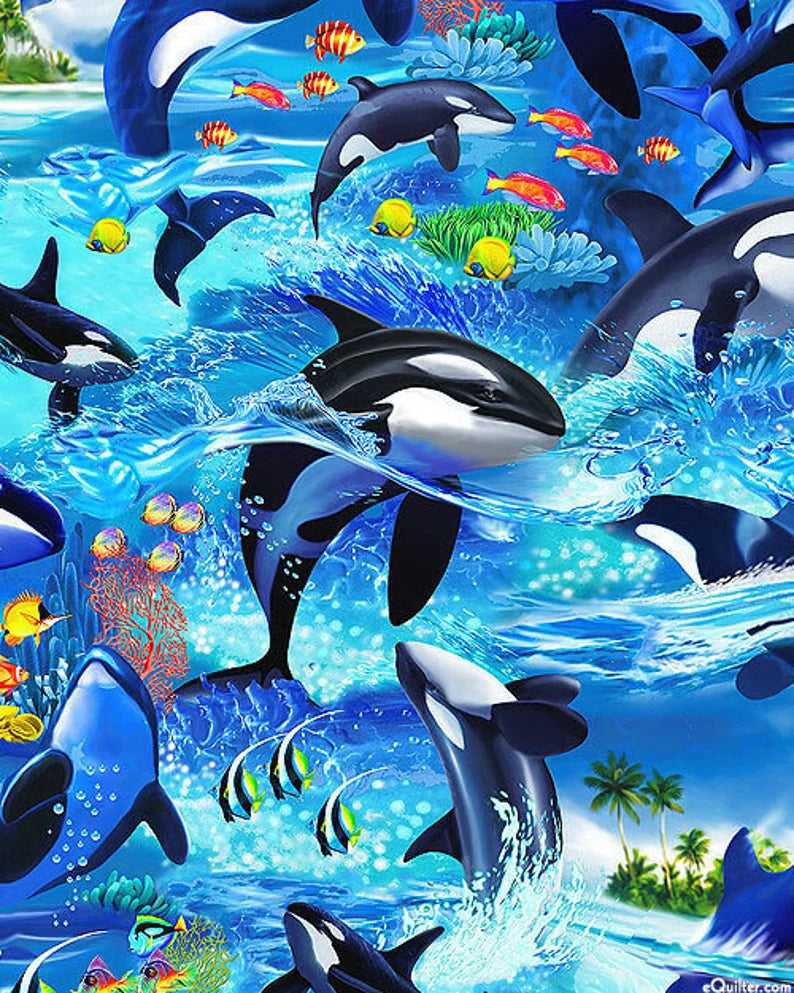 Killer Whale Orca Fabric 1/2 Yard, C6152 by Timeless Treasures, Dolphin Killer Whale Orca Whale Fish Palm Trees Reef Coral