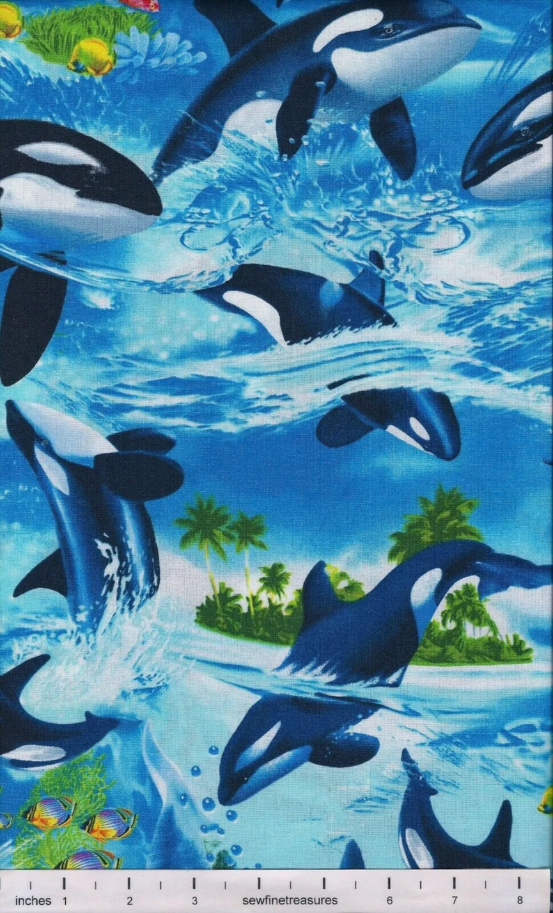 Killer Whale Orca Fabric 1/2 Yard, C6152 by Timeless Treasures, Dolphin Killer Whale Orca Whale Fish Palm Trees Reef Coral