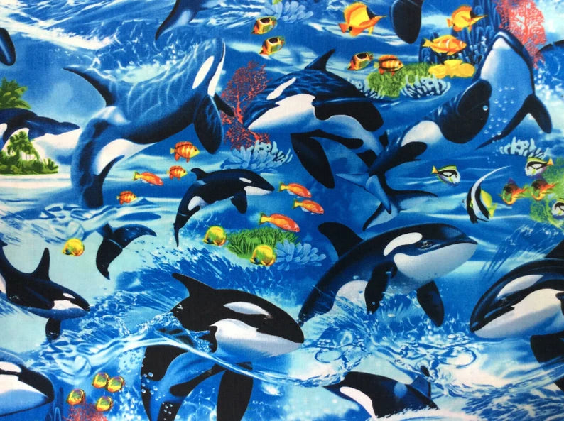 Killer Whale Orca Fabric 1/2 Yard, C6152 by Timeless Treasures, Dolphin Killer Whale Orca Whale Fish Palm Trees Reef Coral