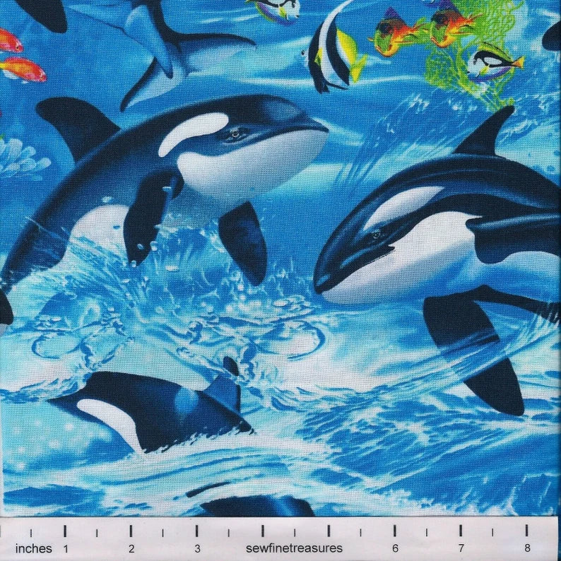 Killer Whale Orca Fabric 1/2 Yard, C6152 by Timeless Treasures, Dolphin Killer Whale Orca Whale Fish Palm Trees Reef Coral