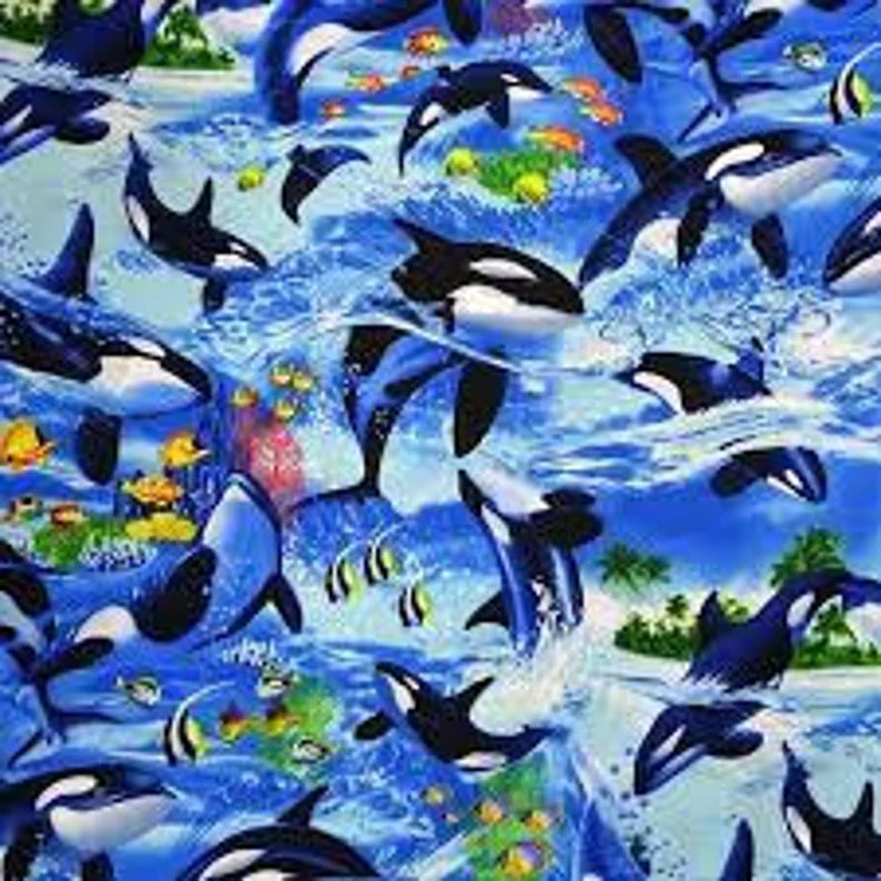 Killer Whale Orca Fabric 1/2 Yard, C6152 by Timeless Treasures, Dolphin Killer Whale Orca Whale Fish Palm Trees Reef Coral