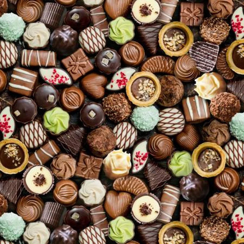 Chocolates Fabric, Sold by the Half Yard, Elizabeth Studios, Food Fabrics