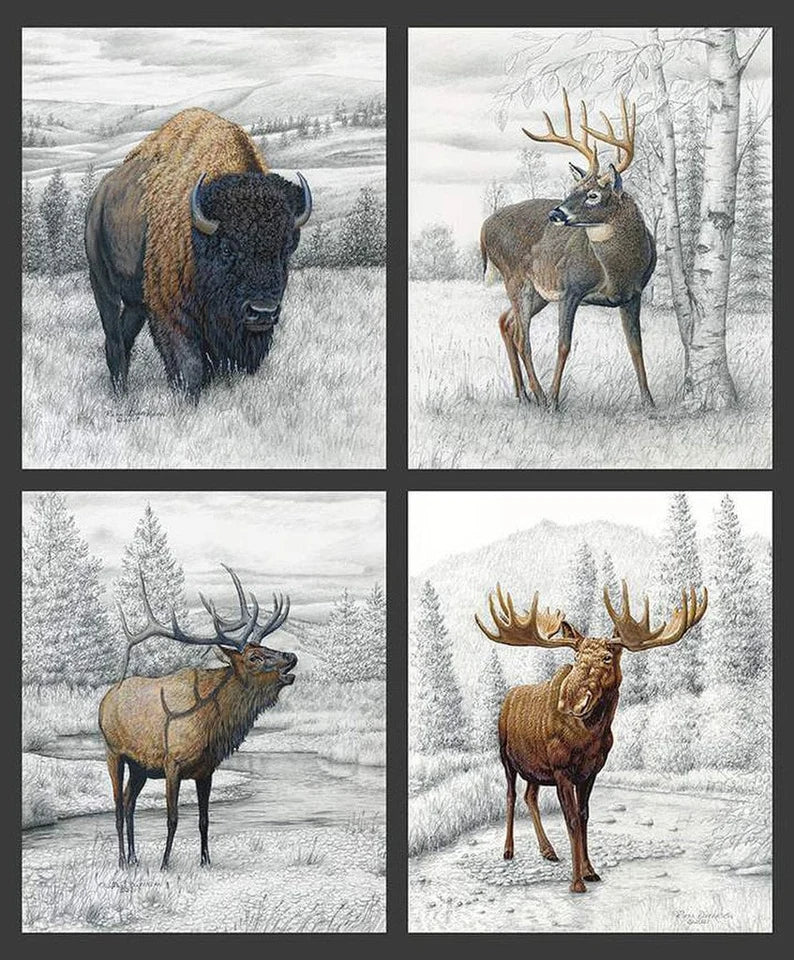Big Game Fabric Panel 36"x43", PPD 12978 fabric by Riley Blake, Wildlife Bed Quilt Buffalo Bugling Elk Whitetail Deer Moose Wall Hanging