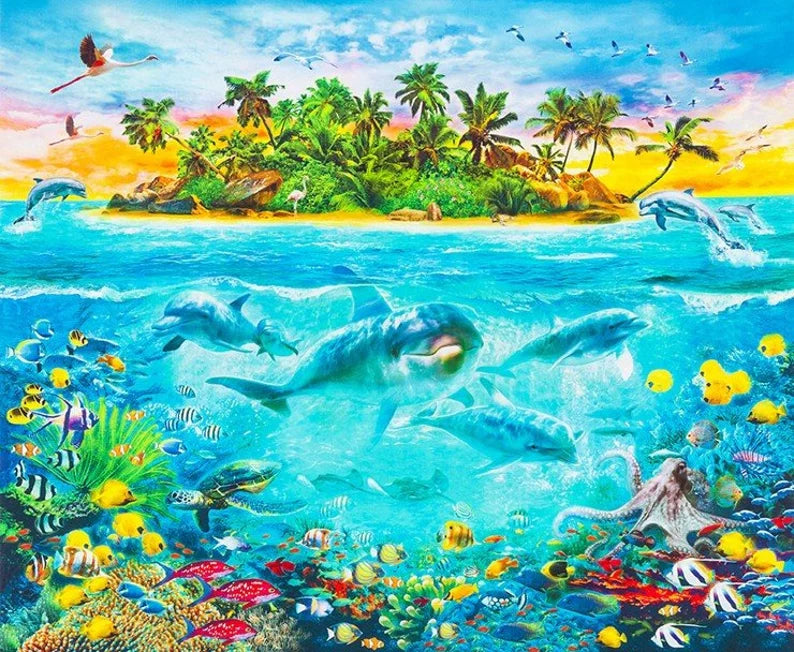 Ocean Fabric Panel 43"x35", AYK-17039-59 by Robert Kaufman , Dolphin Octopus Clownfish Fish Turtle Palm Trees Reef Coral