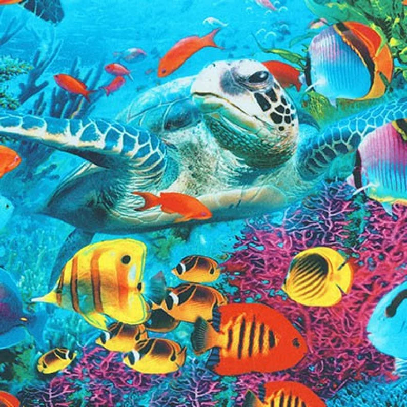 Adventure Fabric Panel 43"x35", AYK-17574-267 by Robert Kaufman , Dolphin Octopus Clownfish Fish Turtle Palm Trees Reef Coral