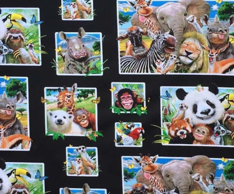 Safari Jungle Animals Selfie Fabric 1/2 yard, 1315-Black by Elizabeth Studios, Tigers Lions Leopard Elephant Hippo Jaguar Bed Quilt Wall