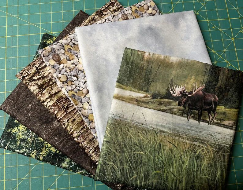 Quilt Kit 60"x72", Moose Lake, Northcott fabrics Bed Quilt Forest Trees Moose in Lake Stream River bark stones Wildlife Moose bed quilt