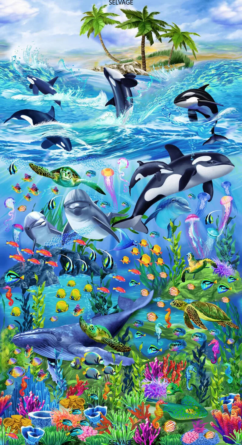 Sea Fabric Panel 23"x43", C6145 by Timeless Treasures, Dolphin Orca Whale Clownfish Fish Shark Stingray Turtle Palm Trees Reef Coral