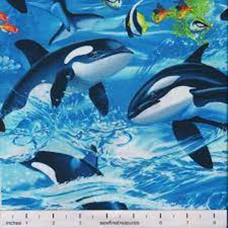 Killer Whale Orca Fabric 1/2 Yard, C6152 by Timeless Treasures, Dolphin Killer Whale Orca Whale Fish Palm Trees Reef Coral