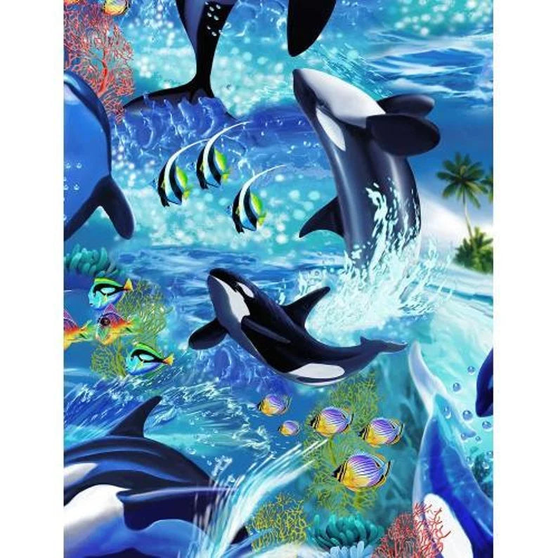 Killer Whale Orca Fabric 1/2 Yard, C6152 by Timeless Treasures, Dolphin Killer Whale Orca Whale Fish Palm Trees Reef Coral