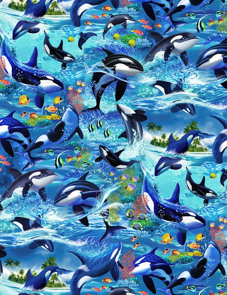 Killer Whale Orca Fabric 1/2 Yard, C6152 by Timeless Treasures, Dolphin Killer Whale Orca Whale Fish Palm Trees Reef Coral