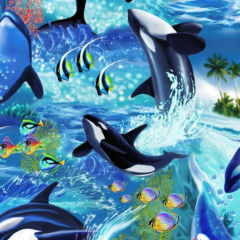 Killer Whale Orca Fabric 1/2 Yard, C6152 by Timeless Treasures, Dolphin Killer Whale Orca Whale Fish Palm Trees Reef Coral