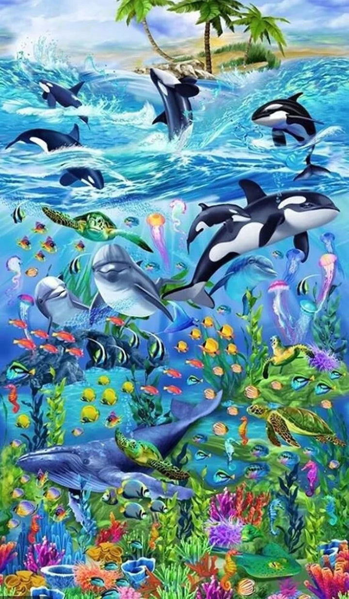 Sea Fabric Panel 23"x43", C6145 by Timeless Treasures, Dolphin Orca Whale Clownfish Fish Shark Stingray Turtle Palm Trees Reef Coral