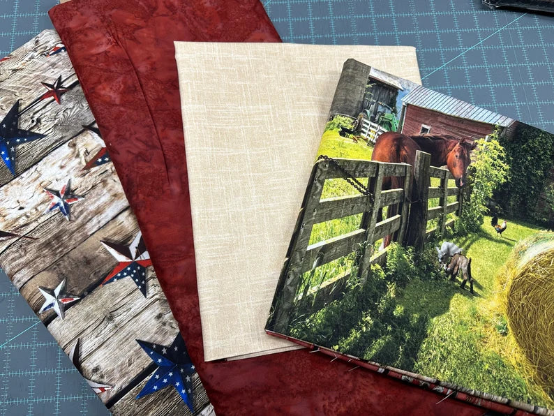 Quilt Kit 66”x88", Sun Up to Sun Down fabrics by Hoffman, Red Barn Horses Farm Lift Gift Bed Quilt Stream Cows USA Flag