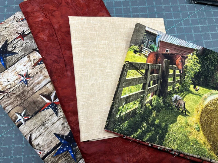 Quilt Kit 66”x88", Sun Up to Sun Down fabrics by Hoffman, Red Barn Horses Farm Lift Gift Bed Quilt Stream Cows USA Flag