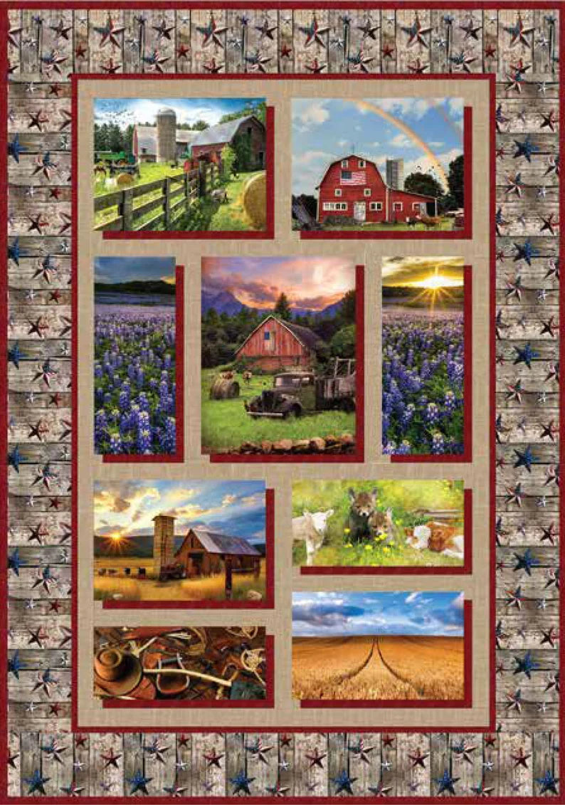 Quilt Kit 66”x88", Sun Up to Sun Down fabrics by Hoffman, Red Barn Horses Farm Lift Gift Bed Quilt Stream Cows USA Flag